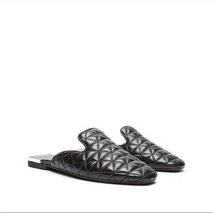 Schutz Adra Quilted Nappa Leather Flat Mule Black Silver Size 7.5